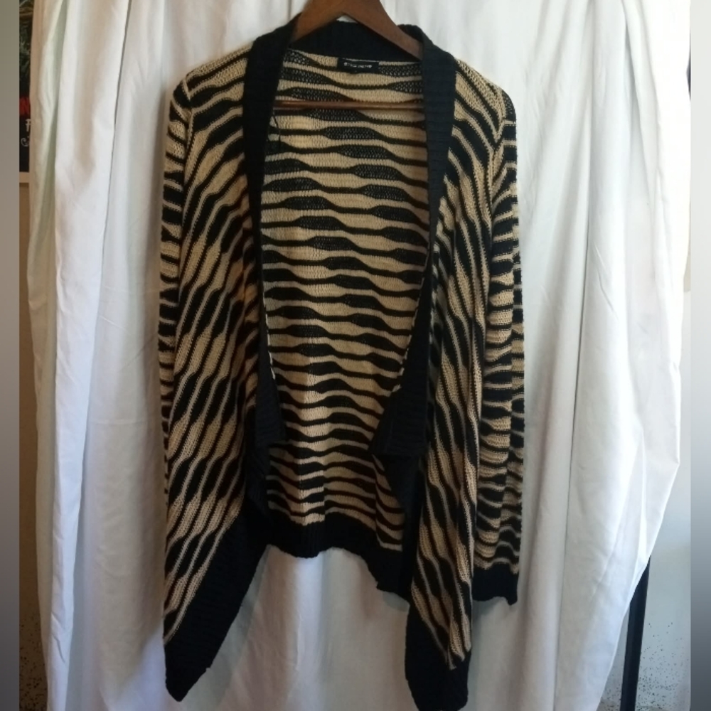 Zebra Striped Open Front Cardigan Sweater Black Tan Cream Office Large Casual